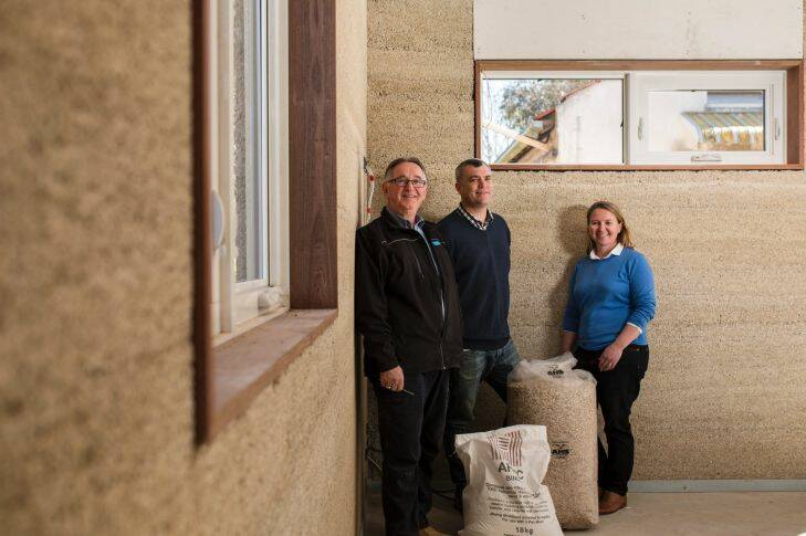 Construction of Canberra's first hemp house.
From left, Director of Prostyle Building David Fogg, house owner Rowan Woodburn, and designer at Plan It Green Angela Knock.

Photo: Jamila Toderas