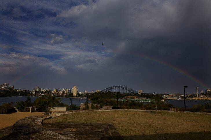 Storm.Sydney.November 8th, 2012.Photo.Sahlan Hayes.SMH News.Rainbow and storm clouds from Ballast Point Park, Sydney this afternoon.