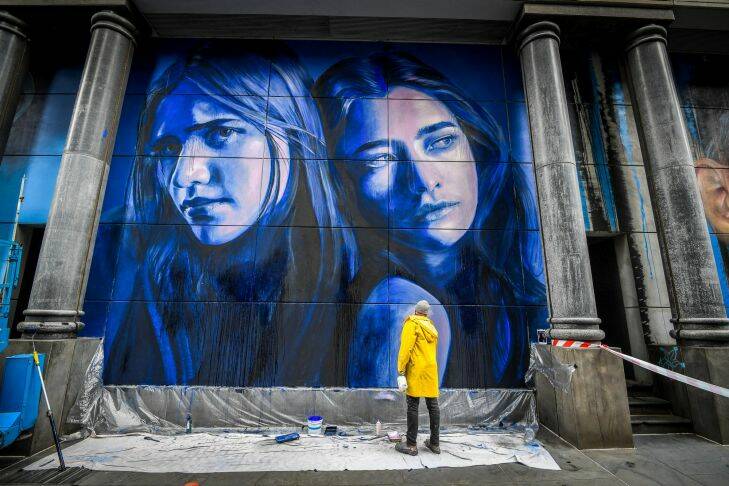 The Age, News, 04/12/2017, photo by Justin McManus.
 Australia's first official street art precinct, alongside the six world renowned Australian artists Smug, Dvate, Adnate, Sofles, Fintan Magee and Rone have just completed the first six murals for the precinct.
Artists Rone.