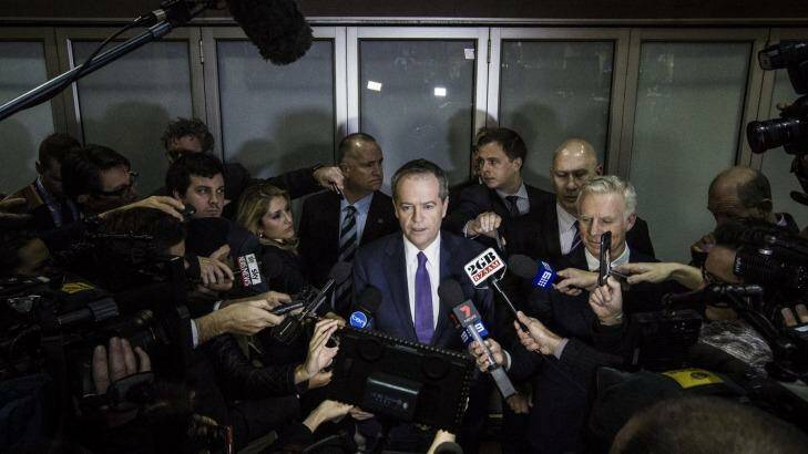 Opposition Leader Bill Shorten speaks to the media after appearing at the royal commission into trade unions. Photo: Dominic Lorrimer