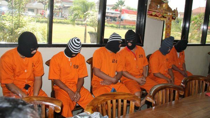 A group of men, including Ben Panangian, who were arrested on drugs charges. Photo: Bali Police