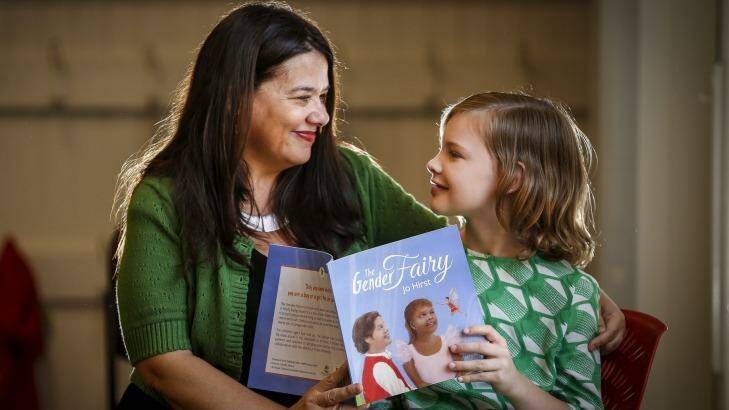 Jo Hirst launches her book with Evie, a 10-year-old trangender girl. Photo: Eddie Jim