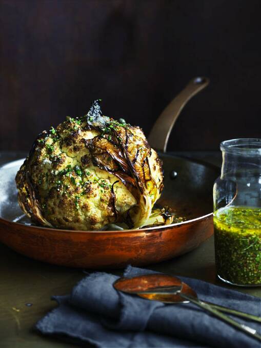Whole roasted cauliflower with lemon and mustard. <a href="http://www.goodfood.com.au/good-food/cook/recipe/whole-roasted-cauliflower-with-lemon-and-mustard-20150720-3zk4z.htmll"><b>(Recipe here).</b></a> Photo: William Meppem