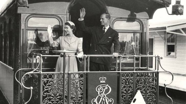 Blast from the past: The Queen and Prince Philip on the royal train at Central Station in 1954. Photo: State Records NSW