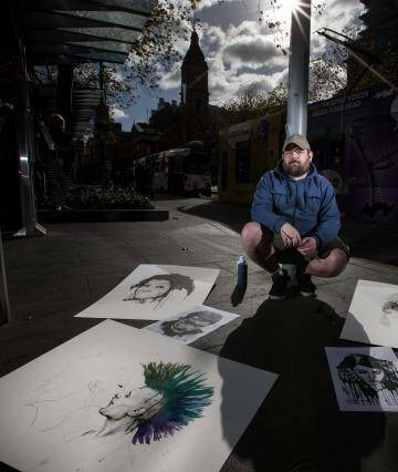 Richard Carrie, a homeless man who sleeps rough in the CBD has managed to put together an exhibition of original artworks, which will be shown at a sold-out event on Saturday night. 29th May 2015. Photo by Jason South Photo: JasonSouth