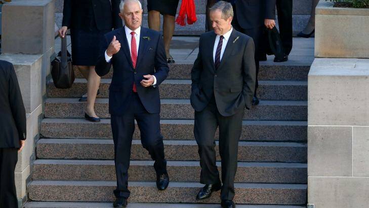 Prime Minister Malcolm Turnbull and Opposition Leader Bill Shorten during the ANZAC Day national service at the Australian War Memorial. Photo: Alex Ellinghausen