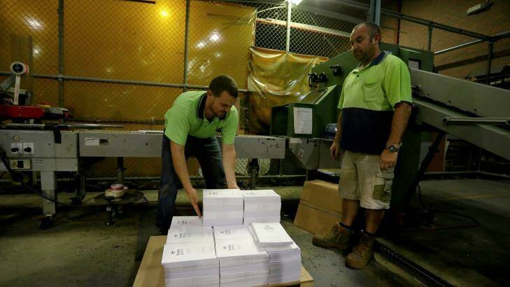2016-17 Budget papers being prepared at the printers in Fyshwick, Canberra on Sunday 1 May 2016. Photo: Alex Ellinghausen