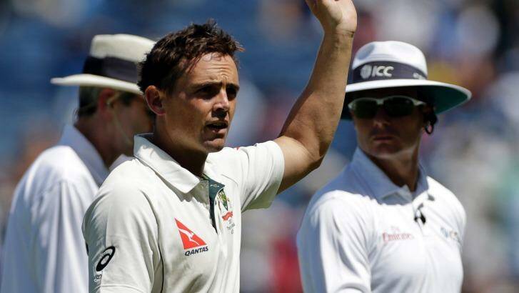 Australia's Steve O'Keefe celebrates his sixth wicket on the second day of the first cricket test match against India in Pune, India, Friday, Feb. 24, 2017. (AP Photo/Rajanish Kakade) Photo: Rajanish Kakade