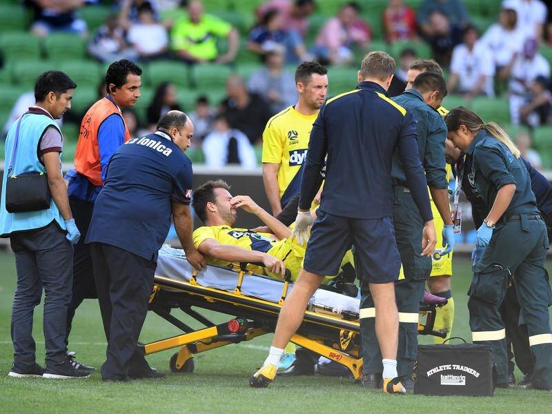 Central Coast defender Antony Golec has broken his leg during an A-League match against Melbourne.