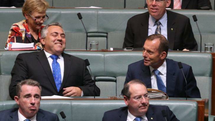 Mr Hockey nad Mr Abbott during question time. Photo: Andrew Meares