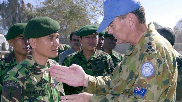 Then Australian Army Brigadier Duncan Duncan Lewis, right, in 2000, as United Nations Commander Sector West in East Timor, meeting his Indonesian counterpart Colonel Indra Hidayat.