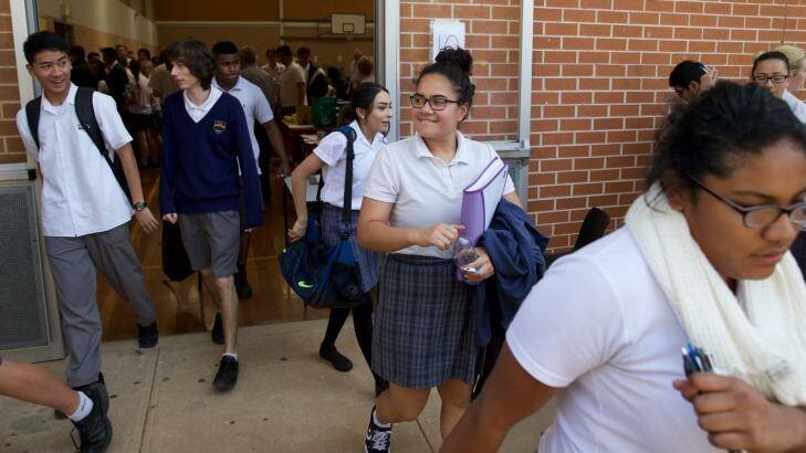 One down: Students at Wyndham College exit the exam. Photo: Wolter Peeters