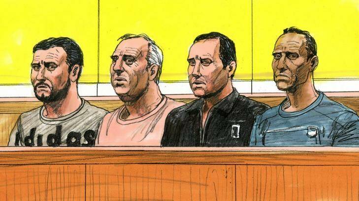A sketch of (from left) Omer Tok, Christopher Peroulis, Youssif Tawfik and Mohamed Kaddour, made during their appearance in Melbourne Magistrates Court on Wednesday.  Photo: Jeff Hayes