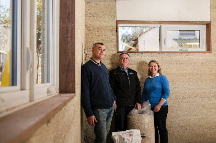 Construction of Canberra's first hemp house.
From left, House owner Rowan Woodburn, director of Prostyle Building David Fogg, and designer at Plan It Green Angela Knock.

Photo: Jamila Toderas