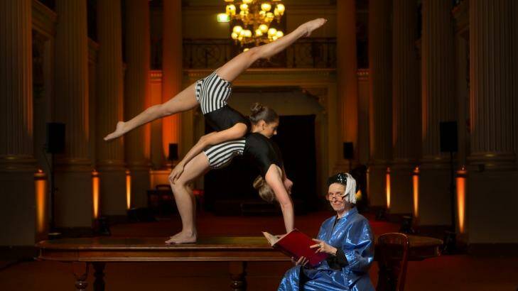 Sue Broadway (seated) with Vaudevillia performers Vanessa McGregor (beneath)
and Kiara Barbara at Queen's Hall at the State Library of Victoria. Photo: Simon Schluter