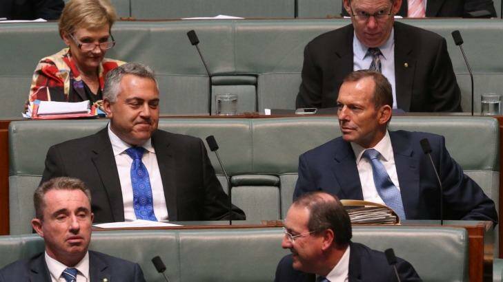 Mr Hockey and Mr Abbott during question time. Photo: Andrew Meares
