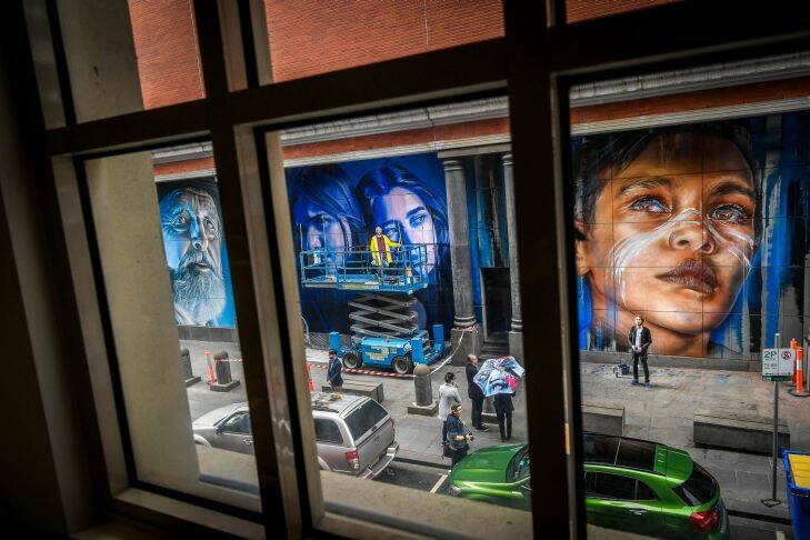 The Age, News, 04/12/2017, photo by Justin McManus.
 Australia's first official street art precinct, alongside the six world renowned Australian artists Smug, Dvate, Adnate, Sofles, Fintan Magee and Rone have just completed the first six murals for the precinct.
Artists Rone and Adnate.