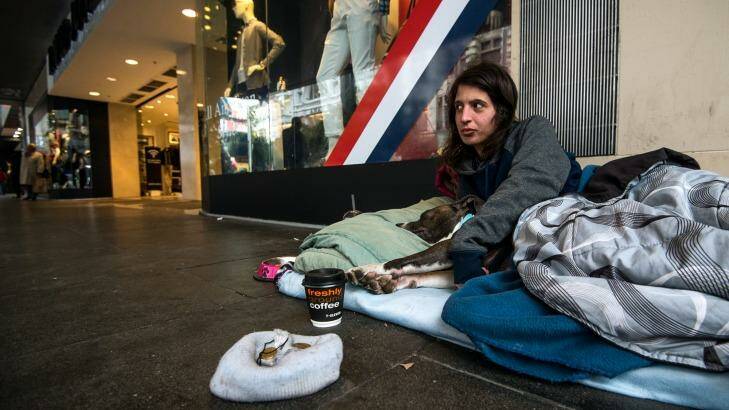 Emma is homeless and sleeps in front of the David Jones store in Bourke Street. Photo: Justin McManus