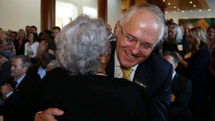 Prime Minister Malcolm Turnbull hugs Matilda House after her welcome-to-country address at the Closing the Gap breakfast in Parliament House this week. Photo: Andrew Meares