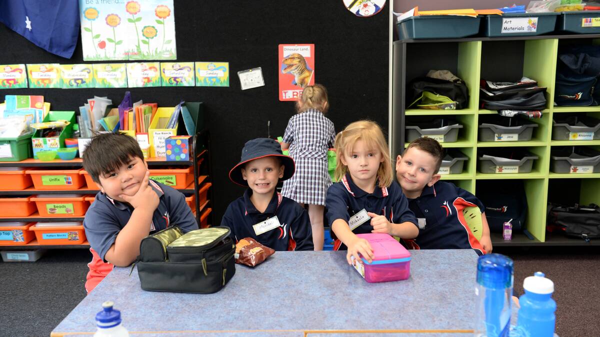 Lightning Reef Primary School Foundation students first day. Eh Ka Ter, Mitchell, Mikaela and Declan.

Picture: JIM ALDERSEY
