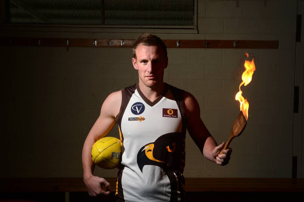 Huntly player/coach Stacy Fiske with a burning wooden spoon ahead of the HDFL Grand Final this Saturday in Elmore.

Picture: JIM ALDERSEY
120913