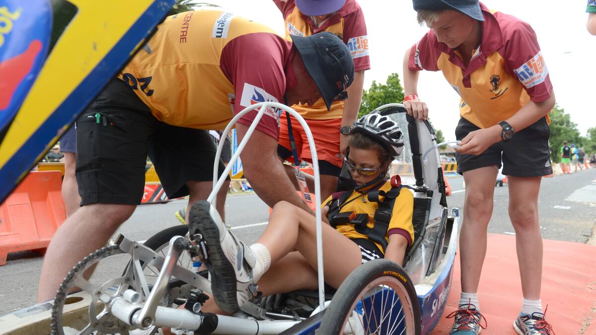 Maddie Makeham gets a hand to get settled before her ride during the RACV Energy Breakthrough in Maryborough.

Picture: JIM ALDERSEY