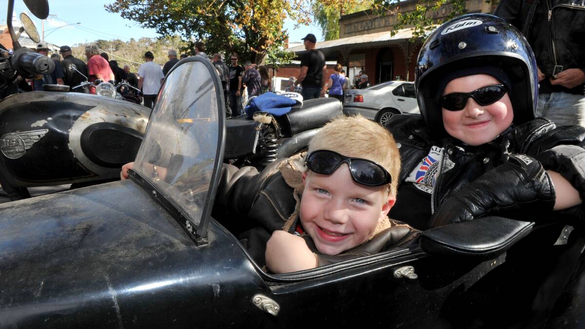 The All British Rally is an annual event held at Newstead. All  met at Maldon for lunch and a chance to show off their motorbikes to the public. 
Brothers Ned and Rex Eldridge hitch a ride in dad's sidecar.
Pic Julie Hough 27.04.13