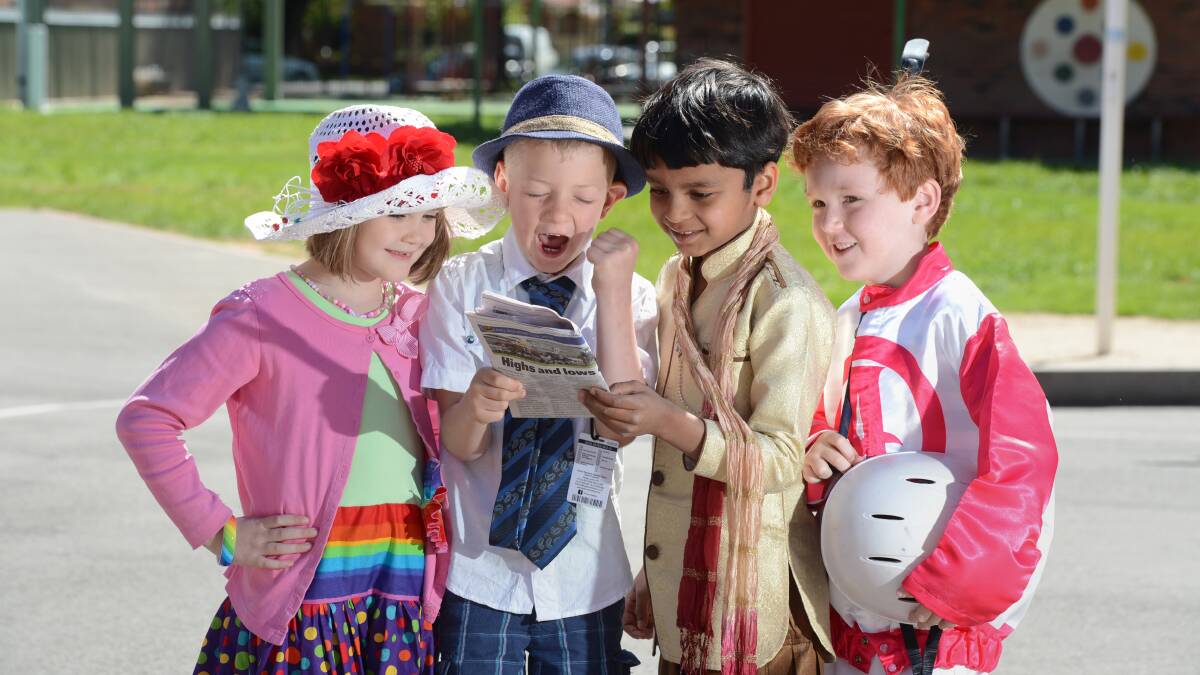 Jorja Brown, Sam Power, Rohan Sajith D'Silva and Kade Hutchinson from St Kilians Primary school dressed up for Melbourne Cup Day.

Picture: JIM ALDERSEY
051113