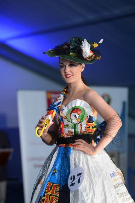 Bec Arnold models Pride, Predjudice and Chickens during the Ag Art fashion show at day 1 of the Elmore Field Days.

Picture: JIM ALDERSEY