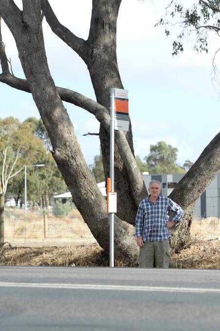 Junortoun Resident Eric Francis is concerned about a bus stop that is very close to the road and makes bus patrons stand in a drain to wait for the bus. Picture: JIM ALDERSEY
