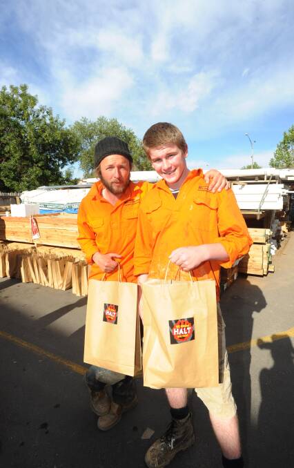  Matt Boyle and Ethan Larkins at the Save Your Bacon breakfast. Picture: JODIE DONNELLAN

