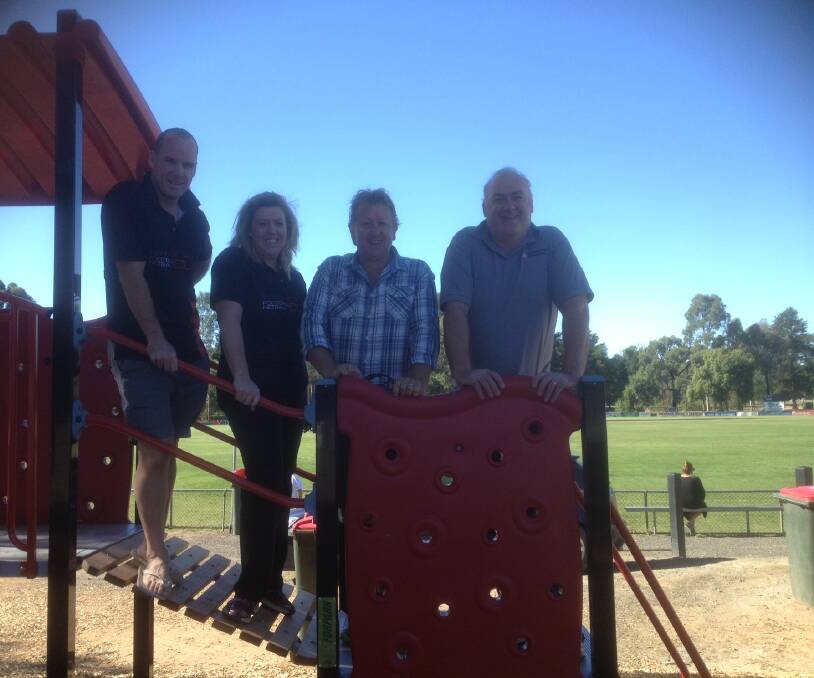 BIG KIDS: Leigh Martin from the White Hill Football Netball Club, Melissa Harrington from the White Hills Football Netball Club, Tony Gellatly from the White Hills Junior Football Club and Robert McClellan from the Bendigo Northern District Community Enterprise. Picture: HANNAH KNIGHT