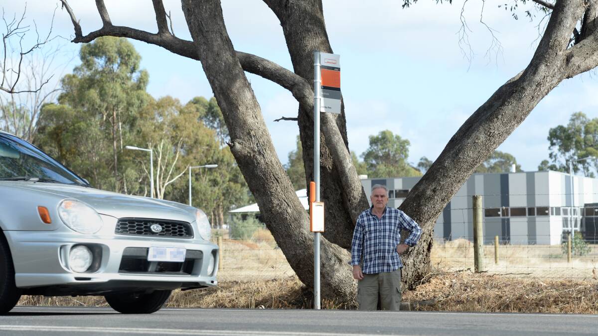 Junortoun Resident Eric Francis is concerned about a bus stop that is very close to the road and makes bus patrons stand in a drain to wait for the bus. Picture: JIM ALDERSEY
