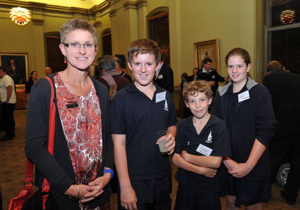Camp Hill Primary School principal Leonie Roberts with students Lewis Roberts, Jake Ervin and Bianca Greenaway.