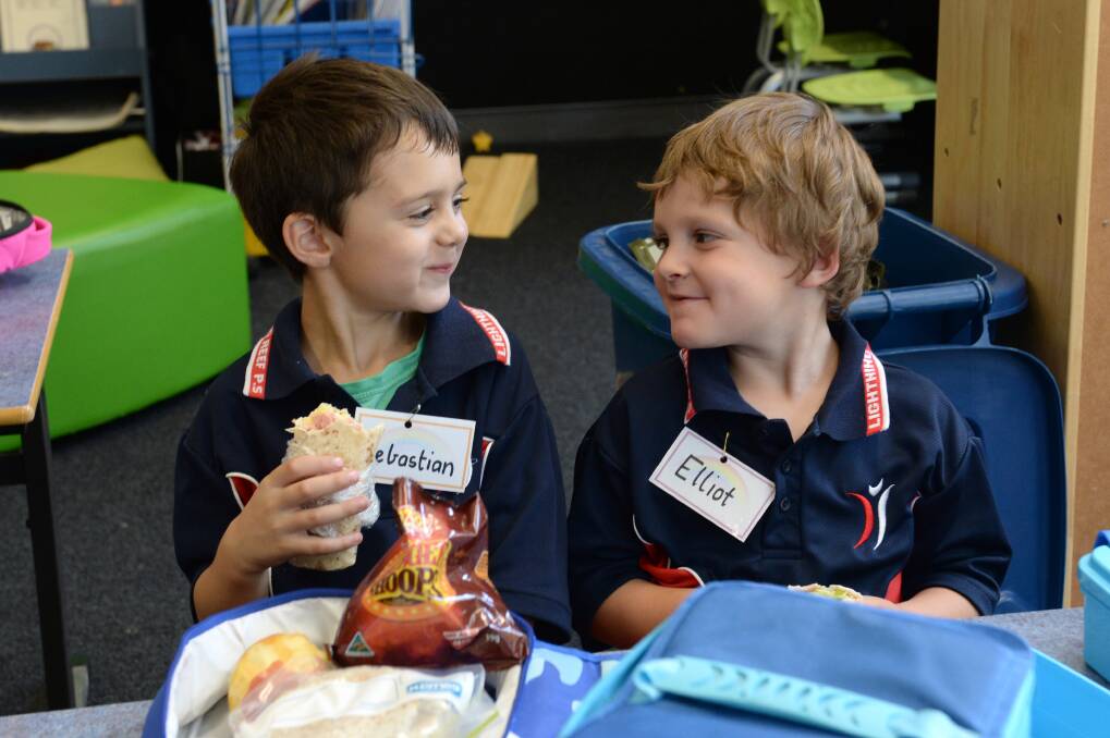 Lightning Reef Primary School Foundation students first day.
Sebastian and Elliot. Picture: JIM ALDERSEY