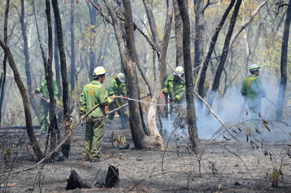 The CFA and DEPI mop up a blaze believed to be started by Lightning near Axe Creek. Picture: JIM ALDERSEY