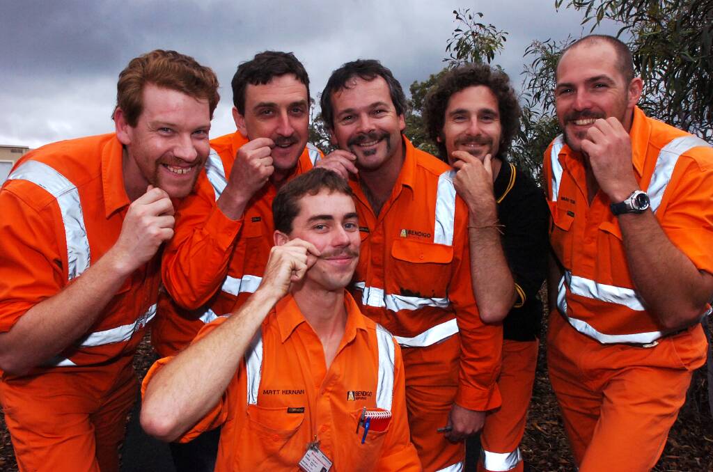 Adrian Hills, Andrew Campbell, Stuart Styles, Kingsley Baldwin, Brad Turner and Matt Hernan. All with their moustaches they grew during november to raise money for research into prostate cancer. pic by Andrew Perryman
