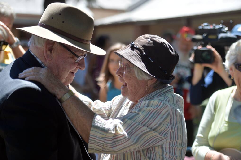 Australia Day, Castlemaine. Guest speaker Fr Bob Maguire being greeted by Mavis Blakeley. Picture: BRENDAN McCARTHY