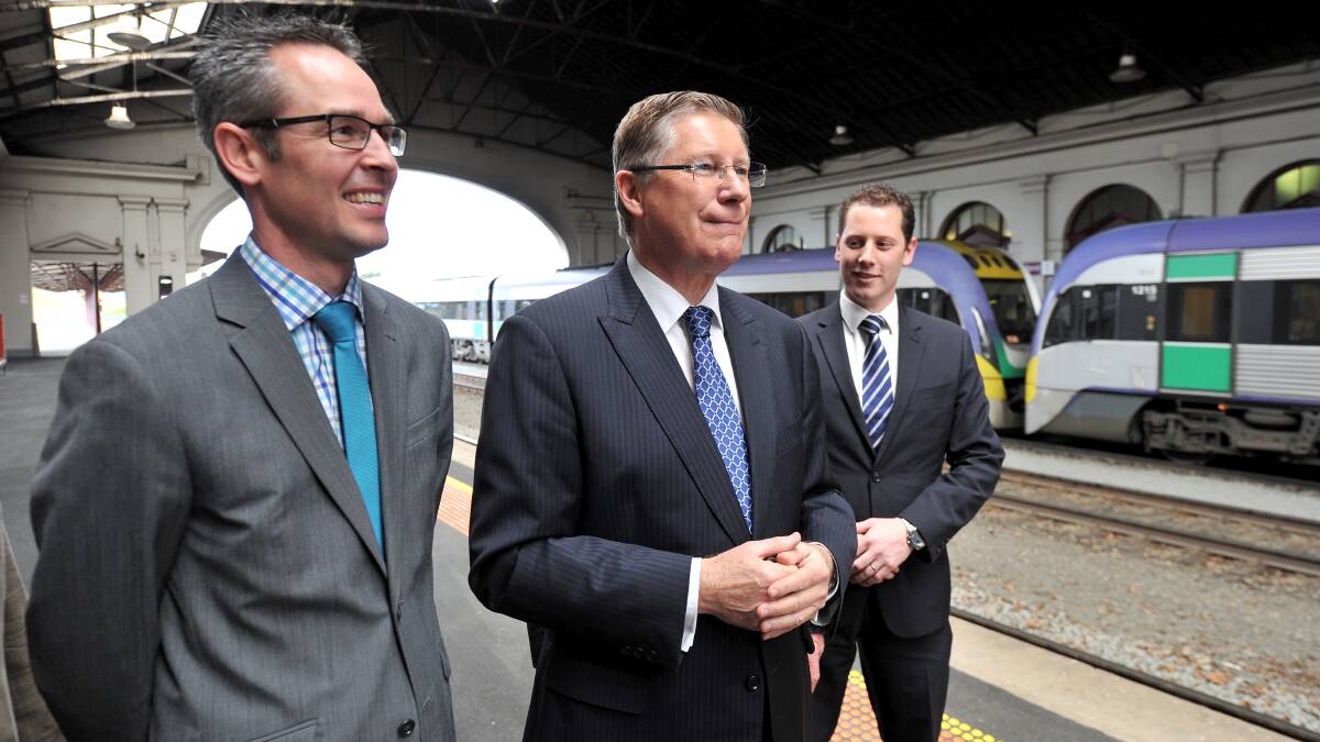 Ben Taylor,  Premier Denis Napthine and Joshua Morris after the railway station announcement PIC: Lachlan Bence