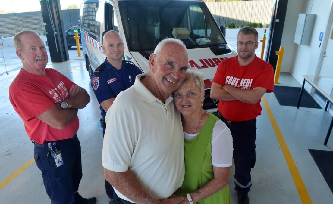 GRATEFUL: Mel and Joan Boyd with Strathdale paramedics. Picture: BRENDAN McCARTHY
