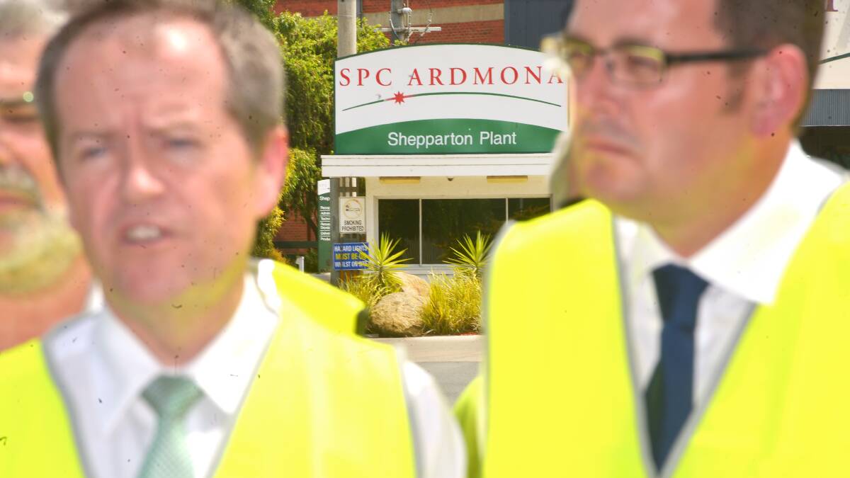 Leader of the federal Labor party Bill Shorten and Victorian Labor leader Daniel Andrews visit the SPC Ardmona factory in Shepparton. Picture: JOE ARMAO