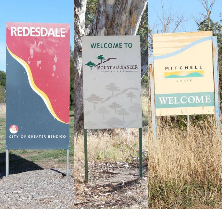 SPLIT: Three signs welcome drivers to different shires, each within walking distance of Redesdale. The town also borders Macedon Ranges Shire. Pictures: PETER WEAVING