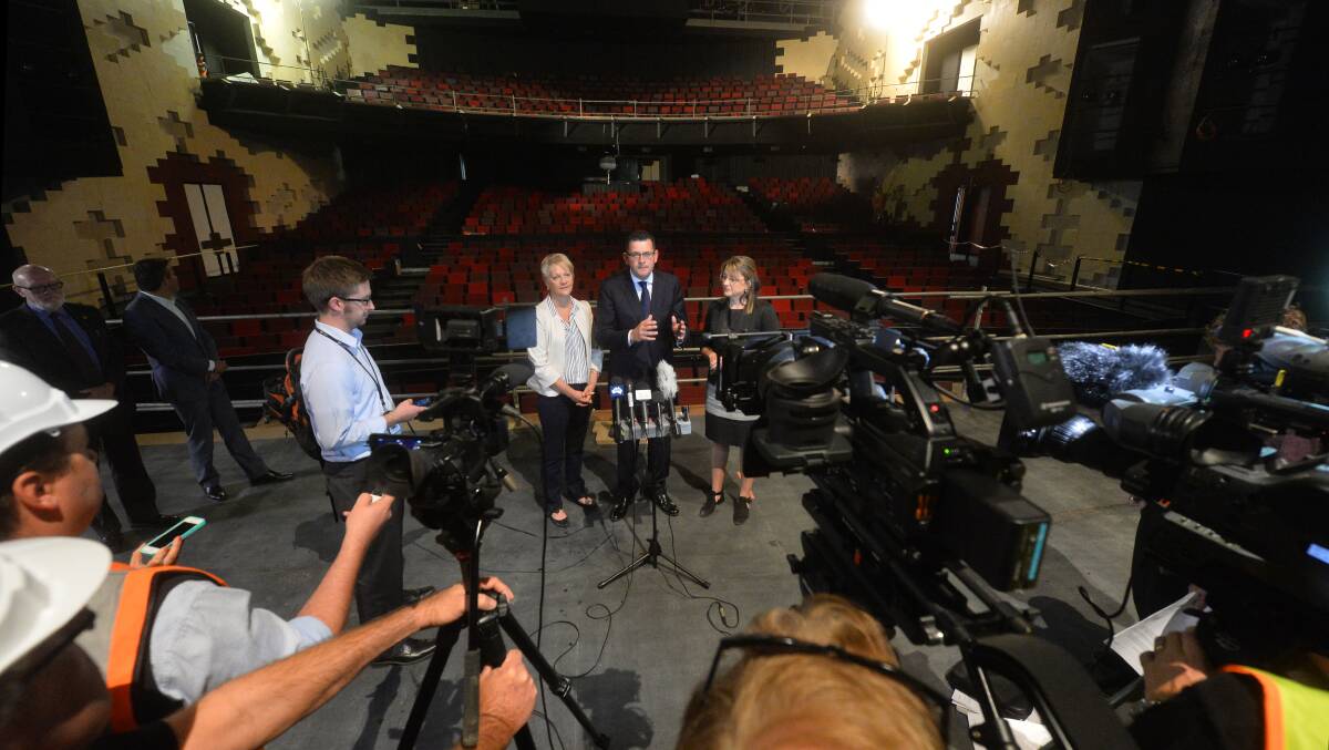 Maree Edwards, Daniel Andrews and Jacinta Allan face questions on stage at Ulumbarra Theatre. Picture: BRENDAN McCARTHY