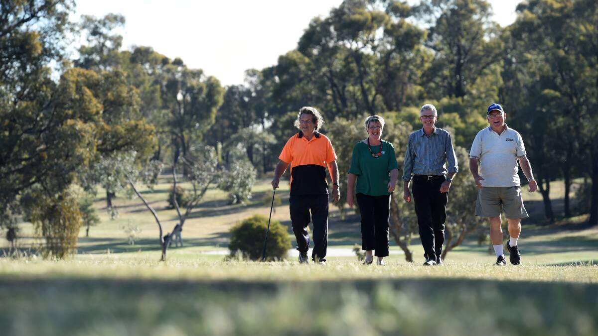 GREEN ZONE: Quarry Hill Golf Club member Bill Govett, treasurer Sandra Davey, president Stewart Davey and member Collin Adams are happy the area is secure. Picture: JODIE DONNELLAN 