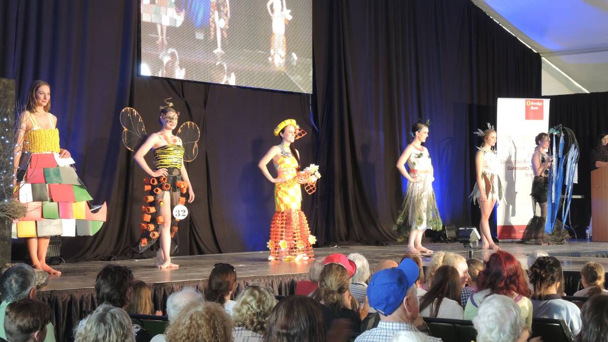 The finalists in the Under 21 category, eventually won by Jess Harrison, of Kerang, with her dress "Drum Muster", modeled on the far left.