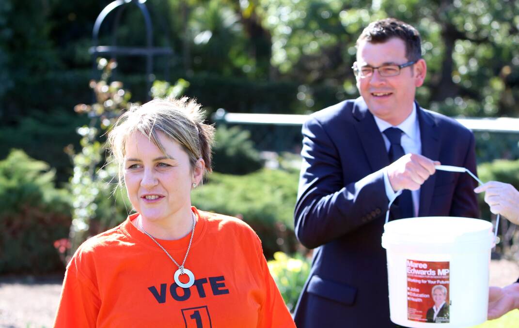 ICE BUCKET: Daniel Andrews prepares to drench Jacinta Allan during a visit to Bendigo. Labor have tried to make unemployment the number one issue this election.