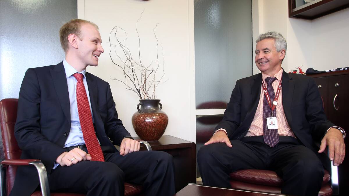 Victorian Healthcare Association acting CEO Tom Sydmondson and Bendigo Health CEO John Mulder discuss the state and federal budgets in Bendigo. Picture: GLENN DANIELS