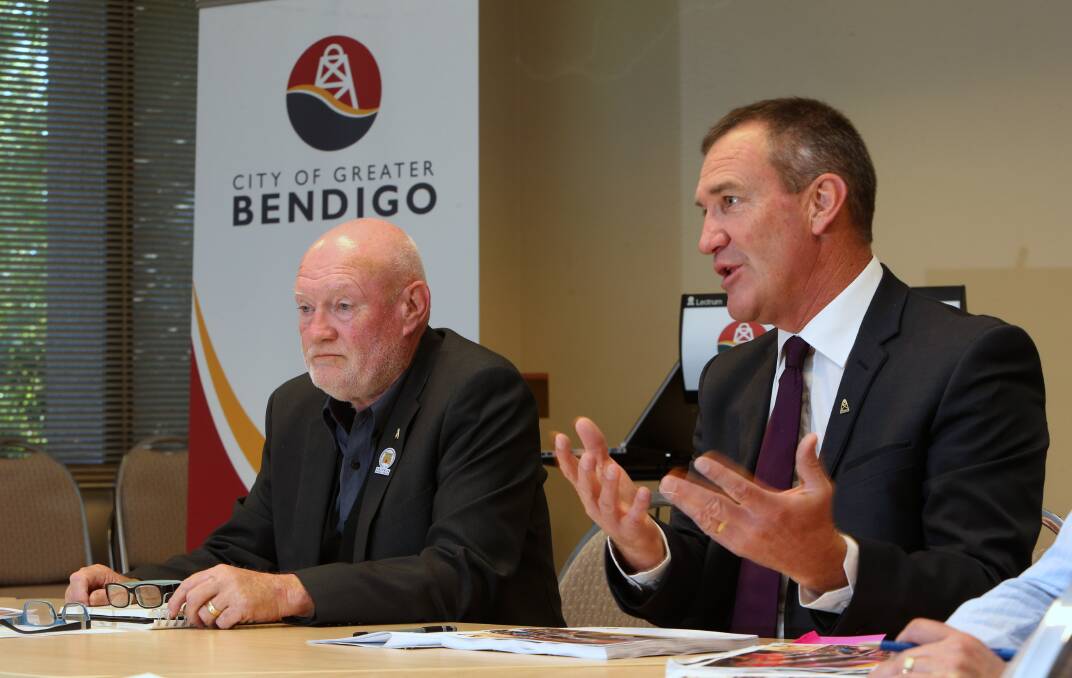 Mayor Peter Cox and City of Greater Bendigo chief executive officer Craig Niemann discuss the pros and cons of the City Futures Directorate. Picture: PETER WEAVING