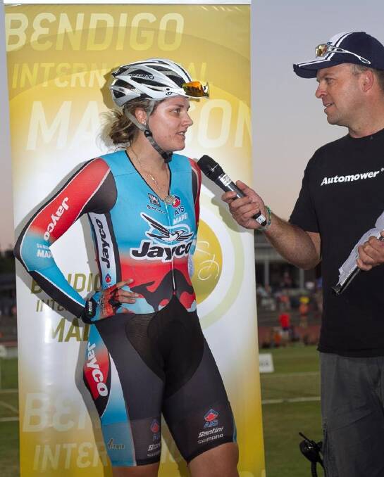 Ashlee Ankudinoff is interviewed by Rick McIntosh after her victory in the Bee Happy Orthodotics's women's wheelrace (1600m). Picture: Picture: dionjelbartphotography