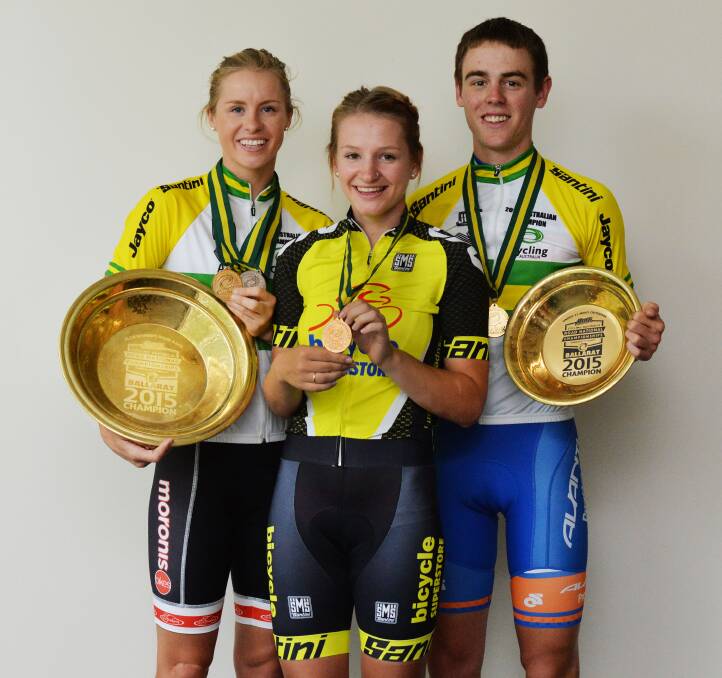 VICTOR'S SPOILS: Cycling stars Peta Mullens, Tayla Evans and Chris Hamilton were in hot form at the national road titles. Picture: BRENDAN McCARTHY